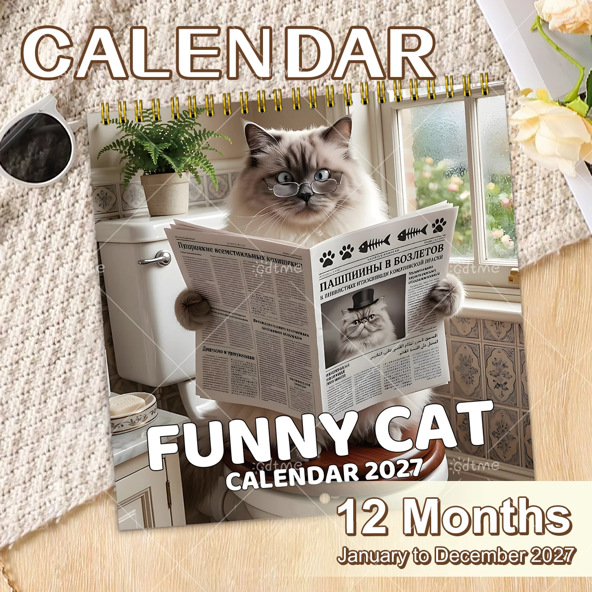 2027 Funny Cat Wall Calendar,Spiral Bound 12 Month Planner,Whimsical Humor Cat Art,Home Decor & Cat Lover Gag Gift