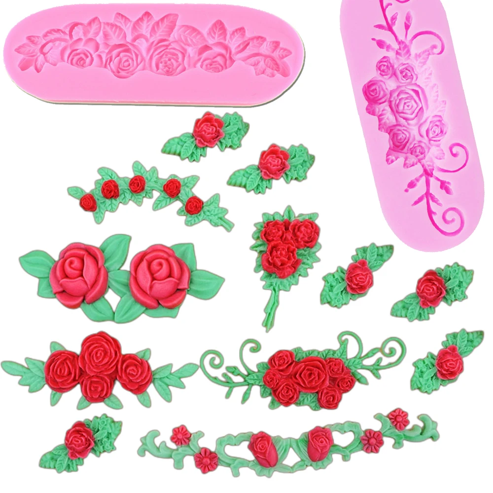 Kinds of Leaves Rose Flower Silicone Moulds Fondant Border Cake Decorating Tools Gumpaste Chocolate Soap Clay Resin Molds F1144