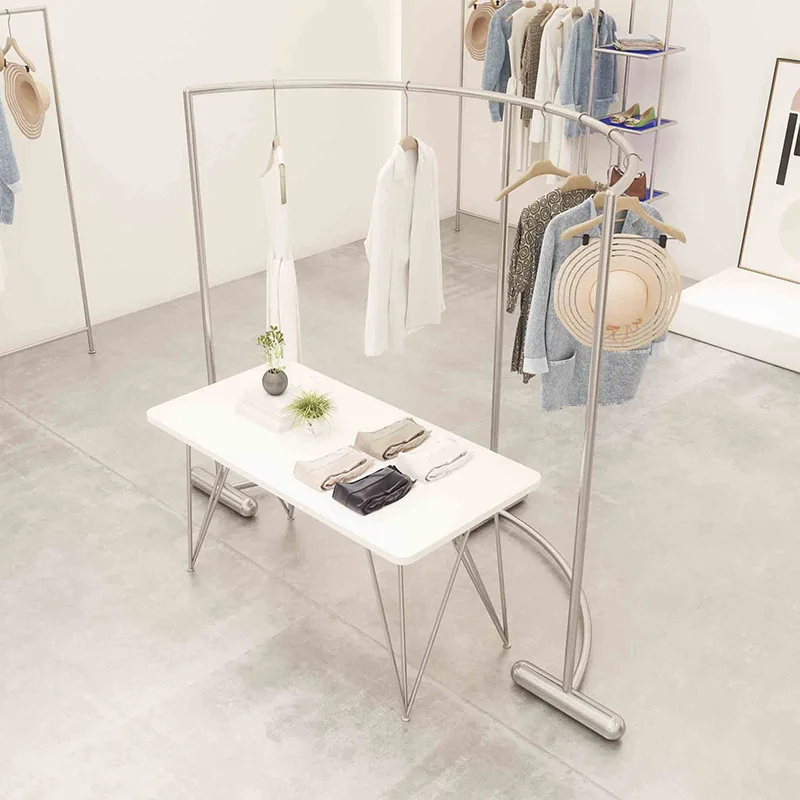 Clothing store display rack Creative arc stainless steel floor-to-ceiling middle island rack Men's and women's clothing
