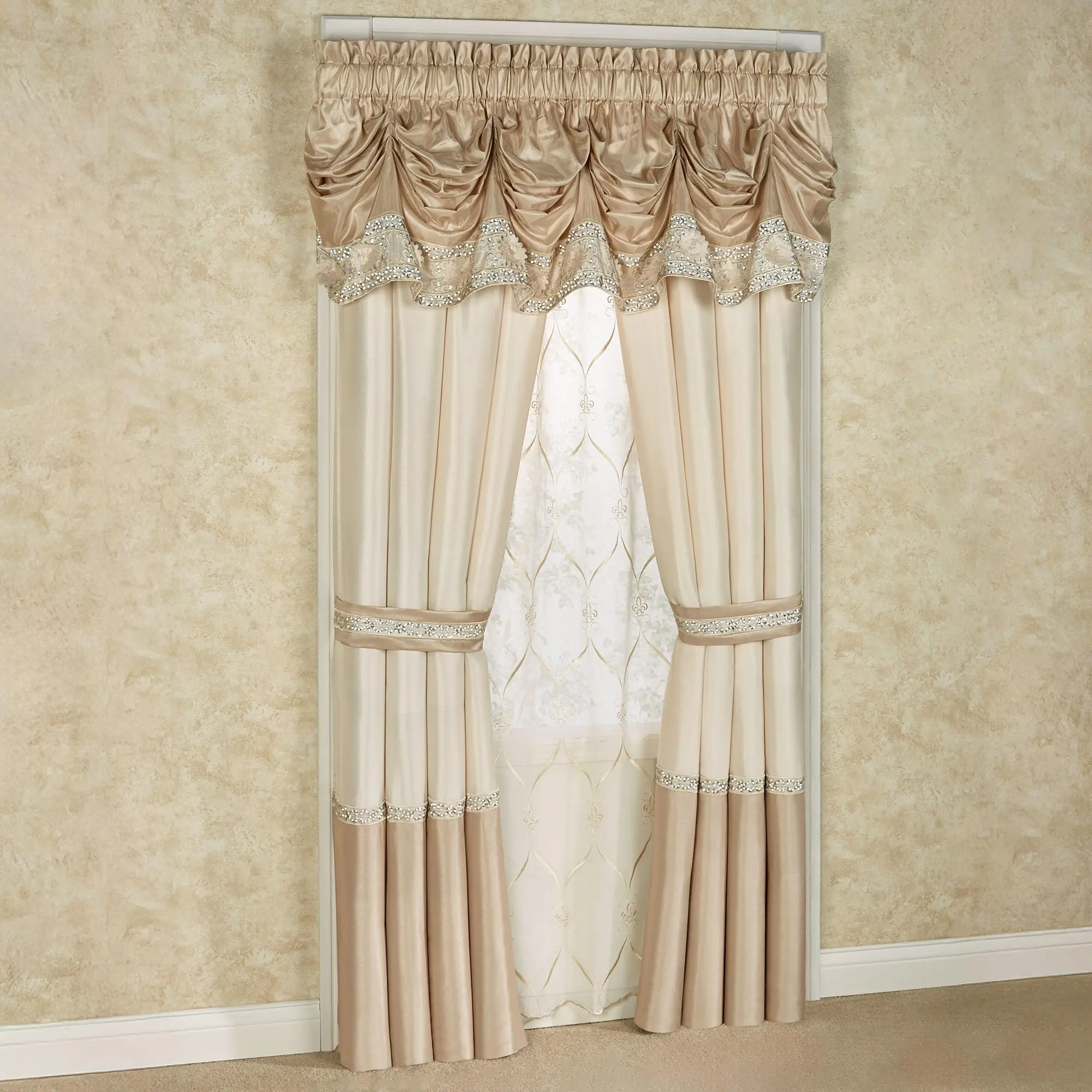 Luxury Elegante Faux Silk Window Tuck Valance & 96L Curtains, 2 Pc Set