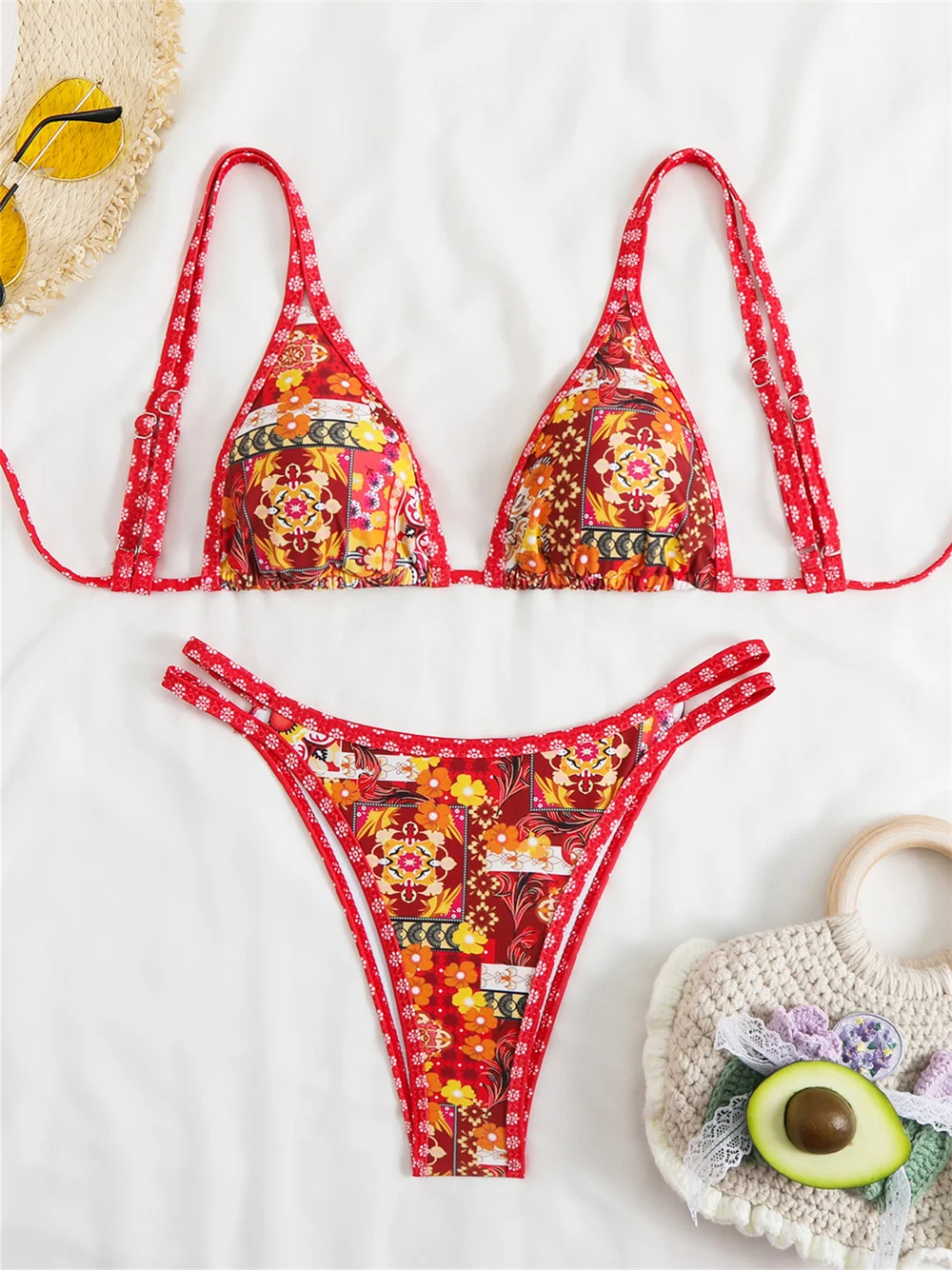 Vintage Floral Bikini Double Strap Backless String Swimsuit Women Vacation Swimwear Thong Bathing Swimming Suit Beach Summer Set