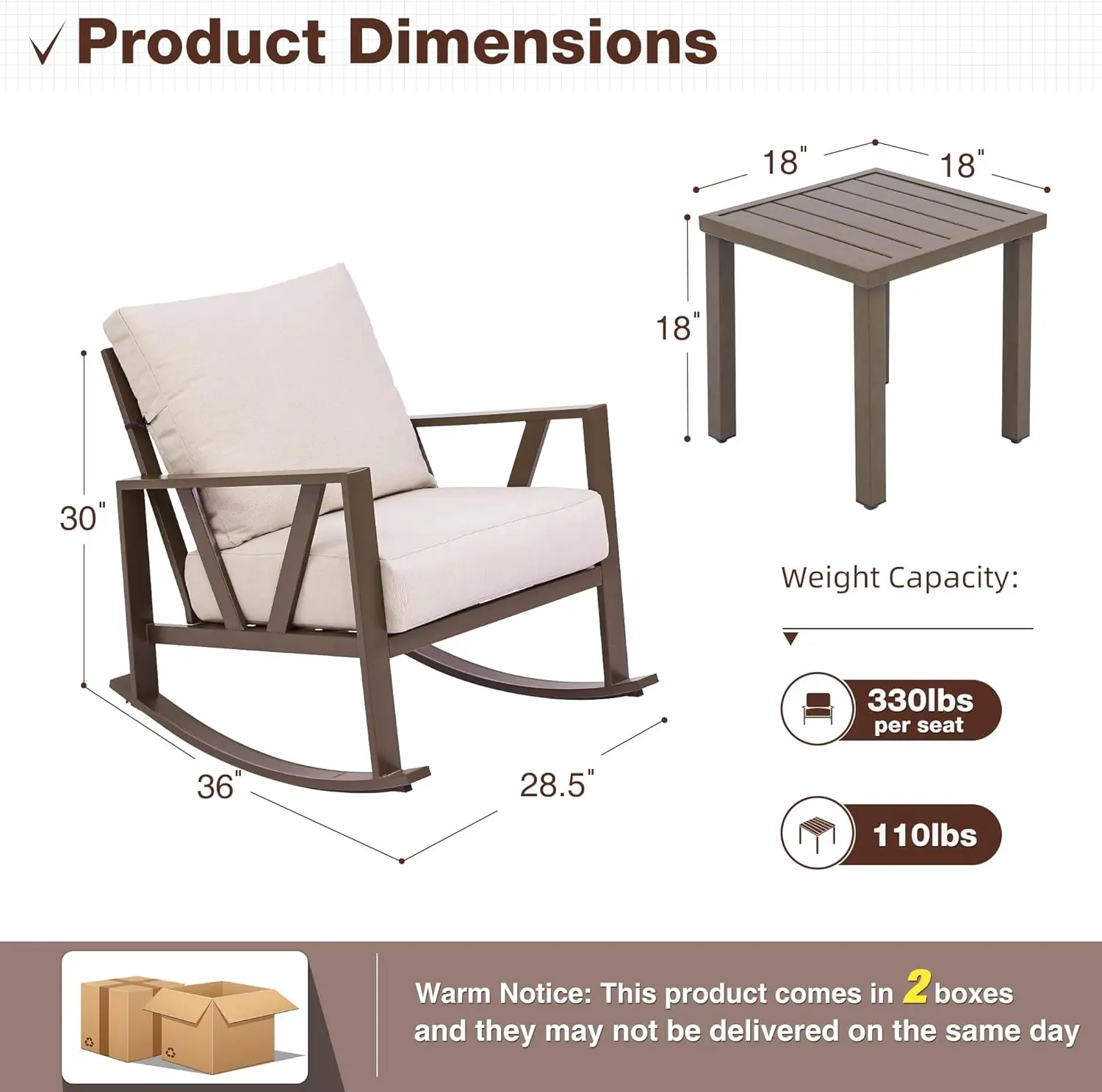 Patio Veranda Meubelset, Terras Outdoor Schommelstoelen Set Van 2 Met Salontafel, 3 Delig Metalen Terras