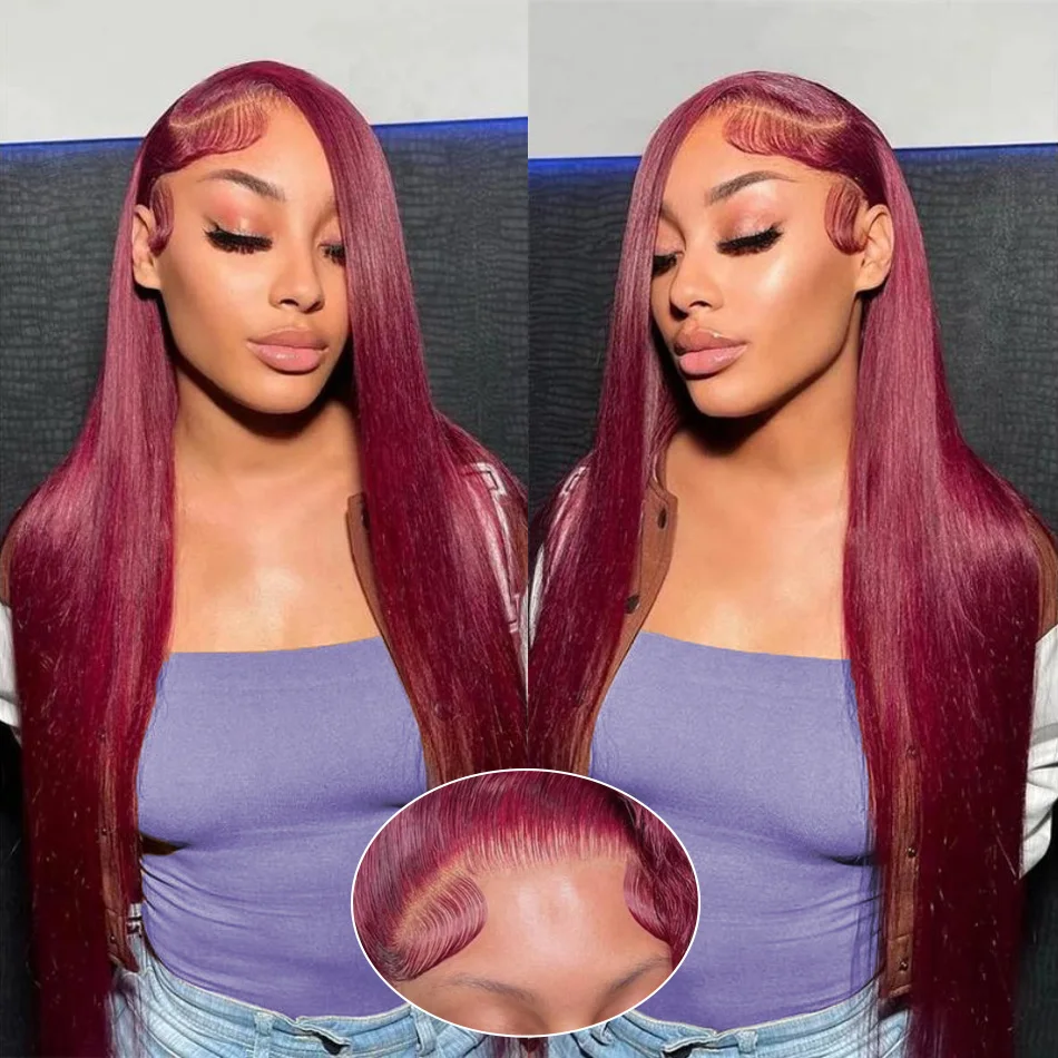 

99J Burgundy 13X6 Hd Lace Frontal Human Hair Wig 250 Density Straight Lace Front Wigs Red Colored Brazilian Hair Wigs 30 32 Inch