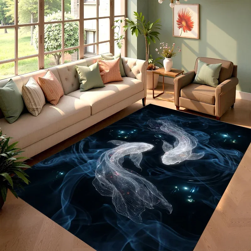 Galaxy Koi Fish Rectangular Carpet Mysterious Starry Sky Marine Pattern Decorative Floor Mat for Living Room Bedroom Home Decor