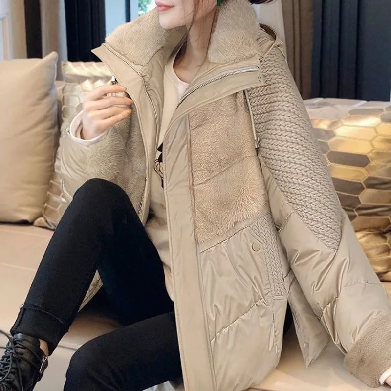 Jaqueta feminina bege com capuz, patchwork, charmosa, jovem, espessada, solta, roupa de inverno, novo estilo, jaqueta feminina