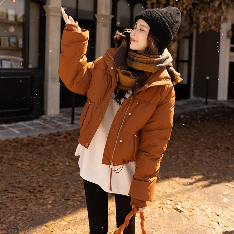 Women's Autumn Winter Down Jacket Duck Short Pure Color Zipper Pocket Retro Simple Leisure Fashion Advanced Soft Niche Versatile