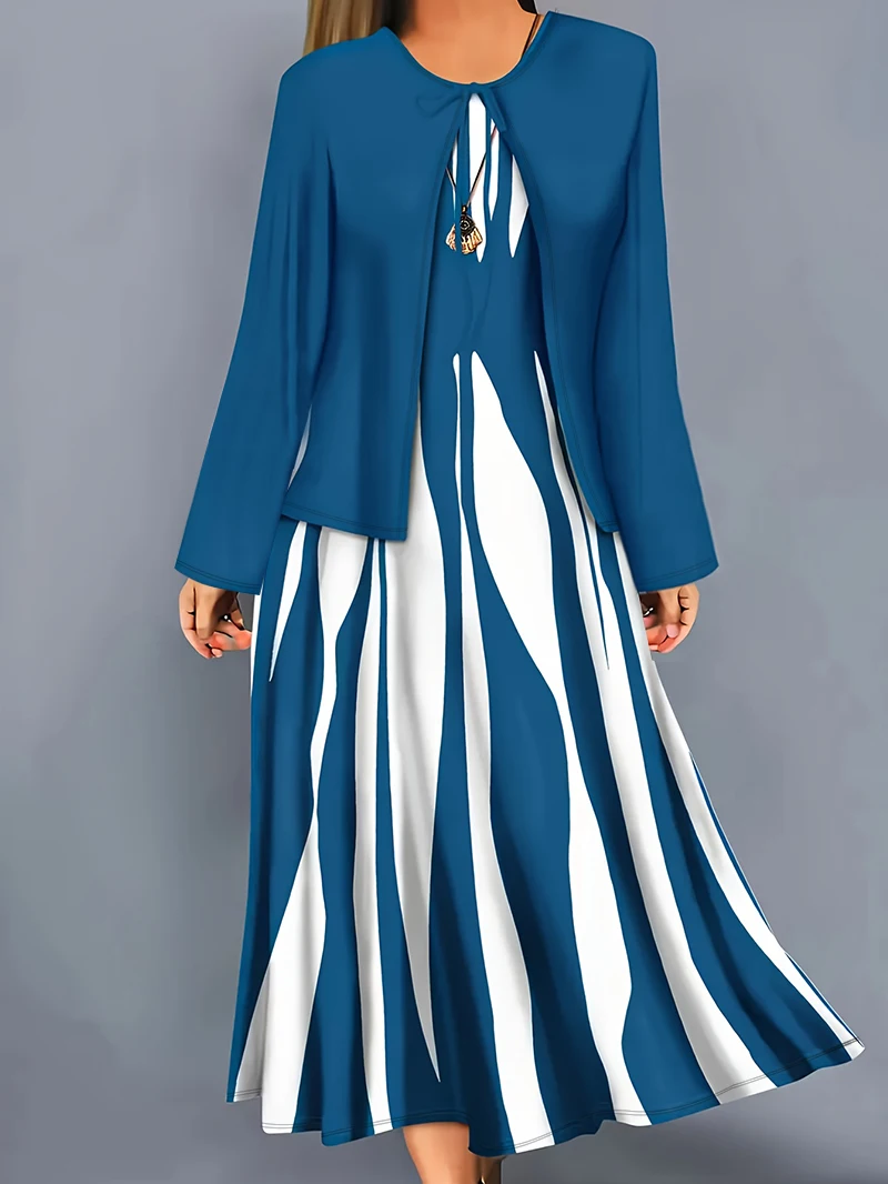 Women's Fashionable Spring and Autumn Solid Color Cardigan Jacket Paired with a Geometric Pattern Printed Large Skirt Dress, Elegant Two-Piece Set