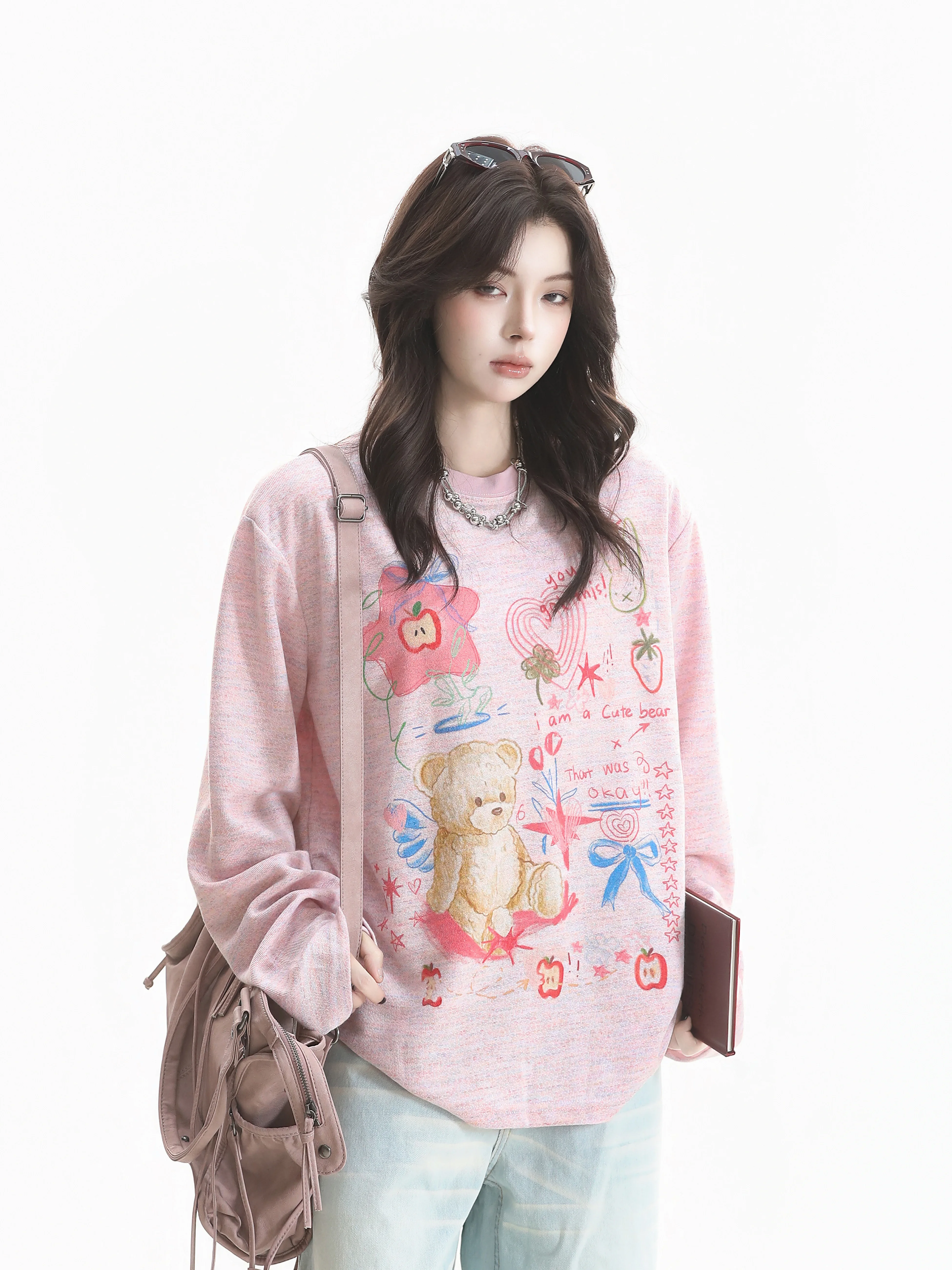 Slimming Floral Bear Print Long Sleeve T-Shirt Lazy Style Korean Sweet Wind Casual Loose Fit Polyester Autumn Women's Top