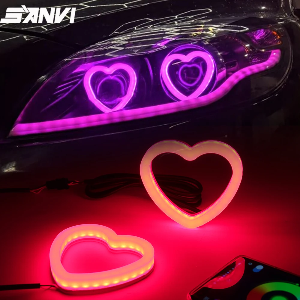 SANVI 2pcs Heart-Shaped SRGB Angel Eyes Halo Light Bluetooth App Control With with Amber Turning Light Car Light Accessories