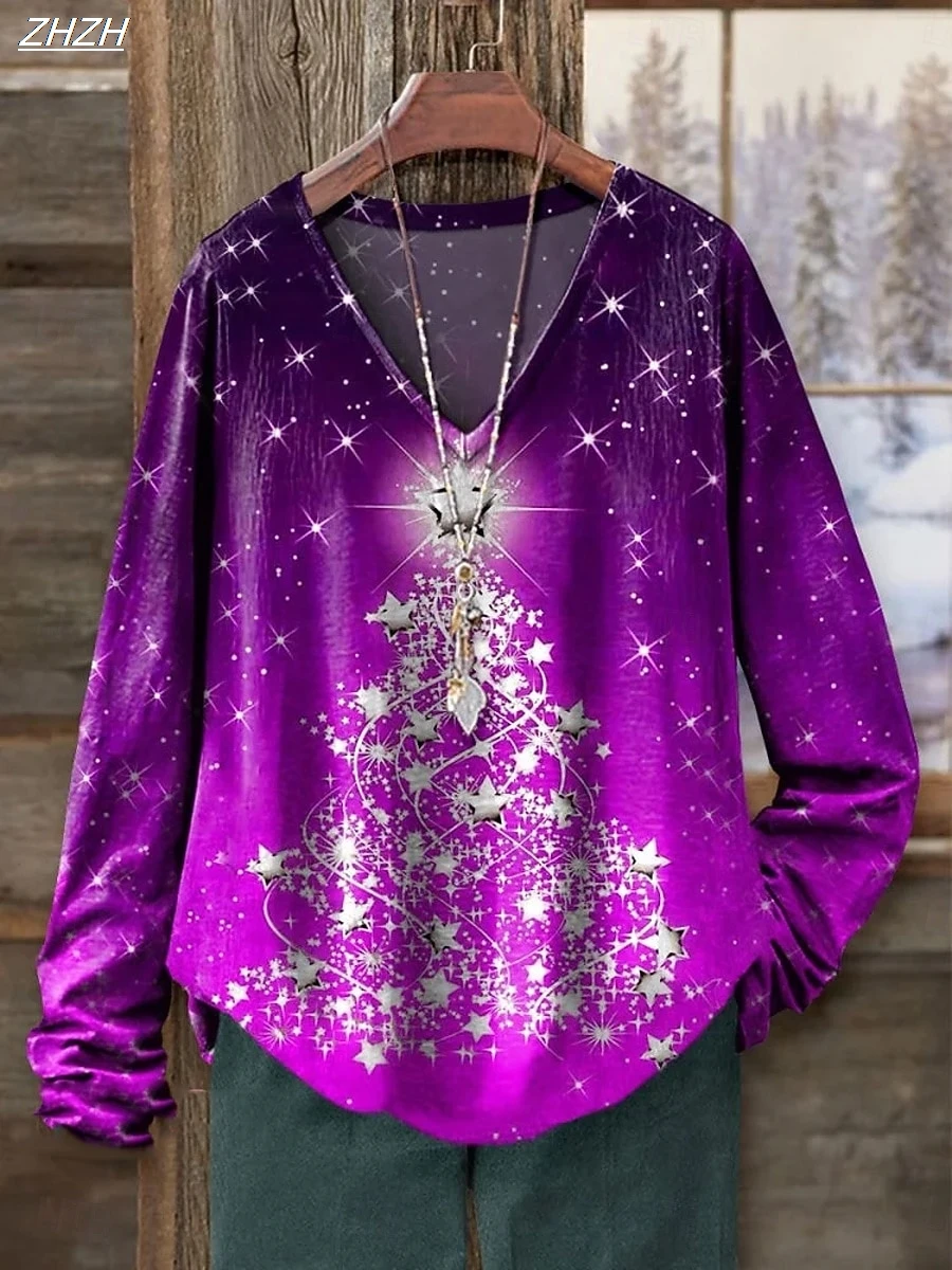 

Christmas Women's T Shirt Graphic Christmas Tree Vintage Fashion Stylish Long Sleeve V Neck Regular Tops Daily Print Fall Winter