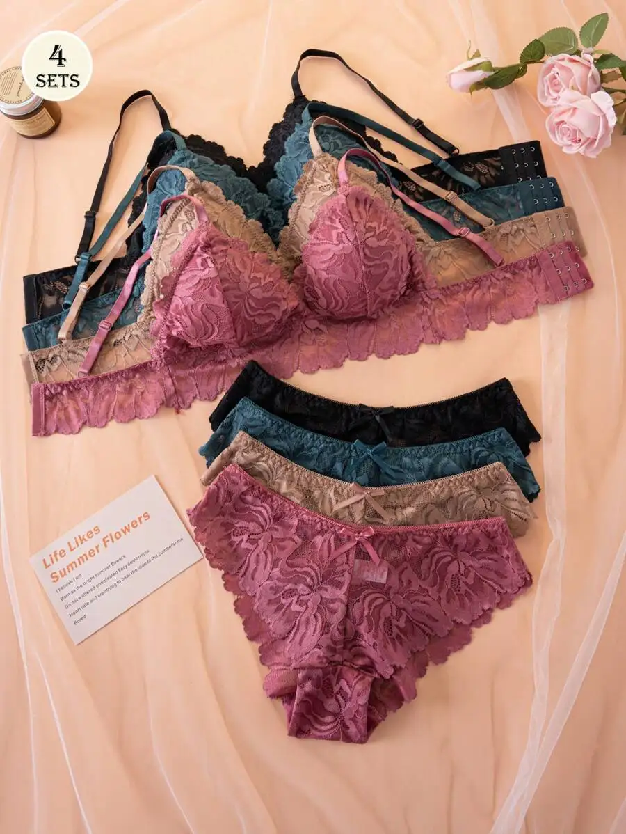 

4 комплекта женского кружевного комплекта нижнего белья без косточек, комплект нижнего белья с цветочной вышивкой и эффектом пуш-ап, комплект из двух предметов