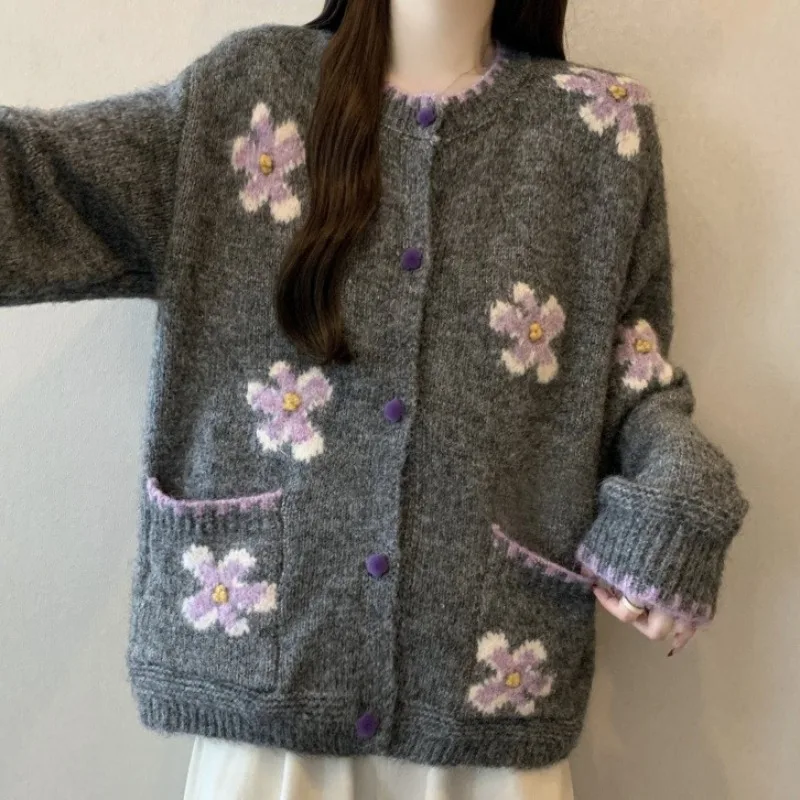 Japanese Korean Retro Gray Jacquard Embroidered Sweater 2026 Autumn Winter New Floral Print Long Sleeved Knitted Cardigan