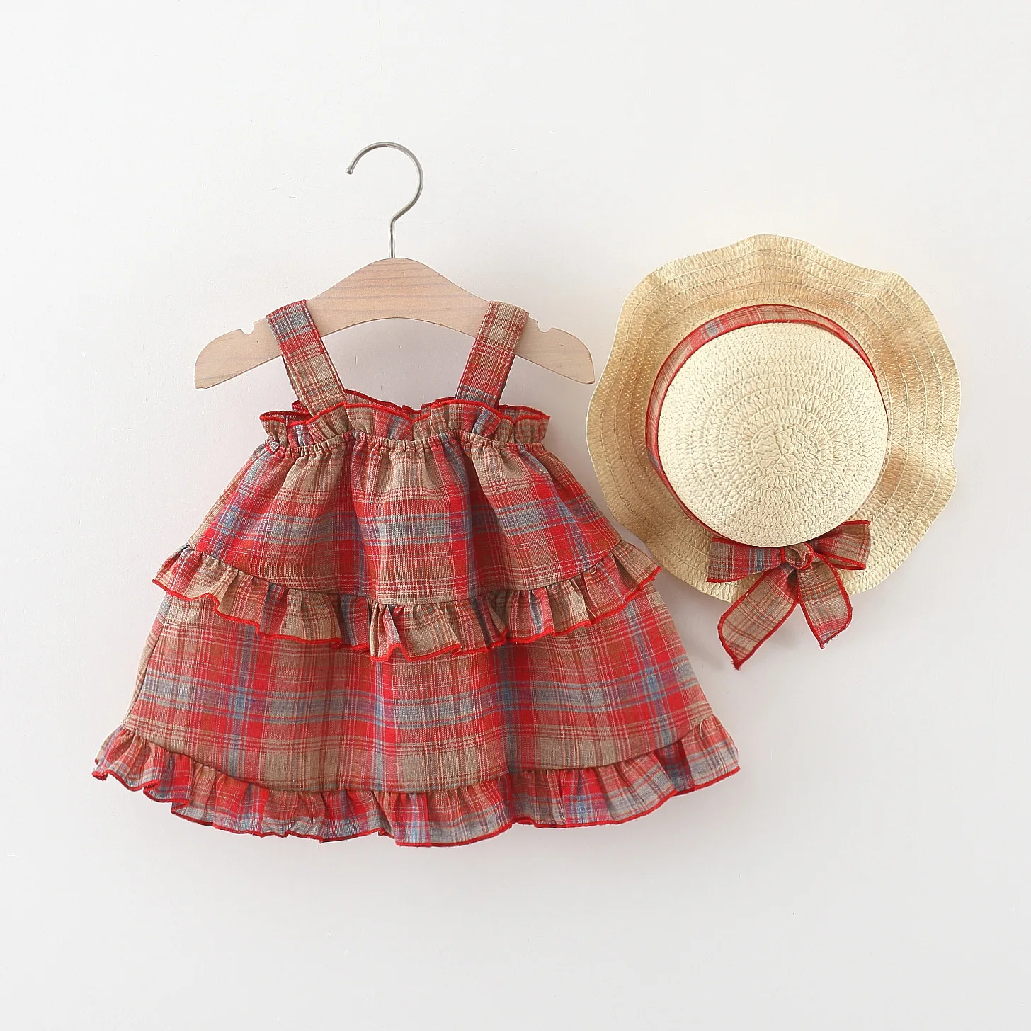 (0-3 Year Old Baby Girl Dress) Summer New Red Checkered Beach Party Children'S Sleeveless Clothes With Free Hat Included