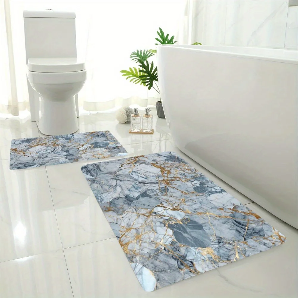 2pcs/ 3pcs/ Set Light Gray Gilded Marble Pattern Printed Bathroom Floor Mat Set, Home Decoration Area Carpet, Machine Washable