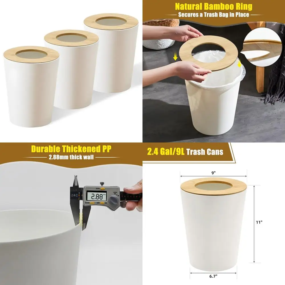 

Bamboo Lid Trash Cans, 3-Pack 2.4 Gallon Open Top Waste Bins for Bedroom, Modern Design Garbage Cans for Home and Office Use