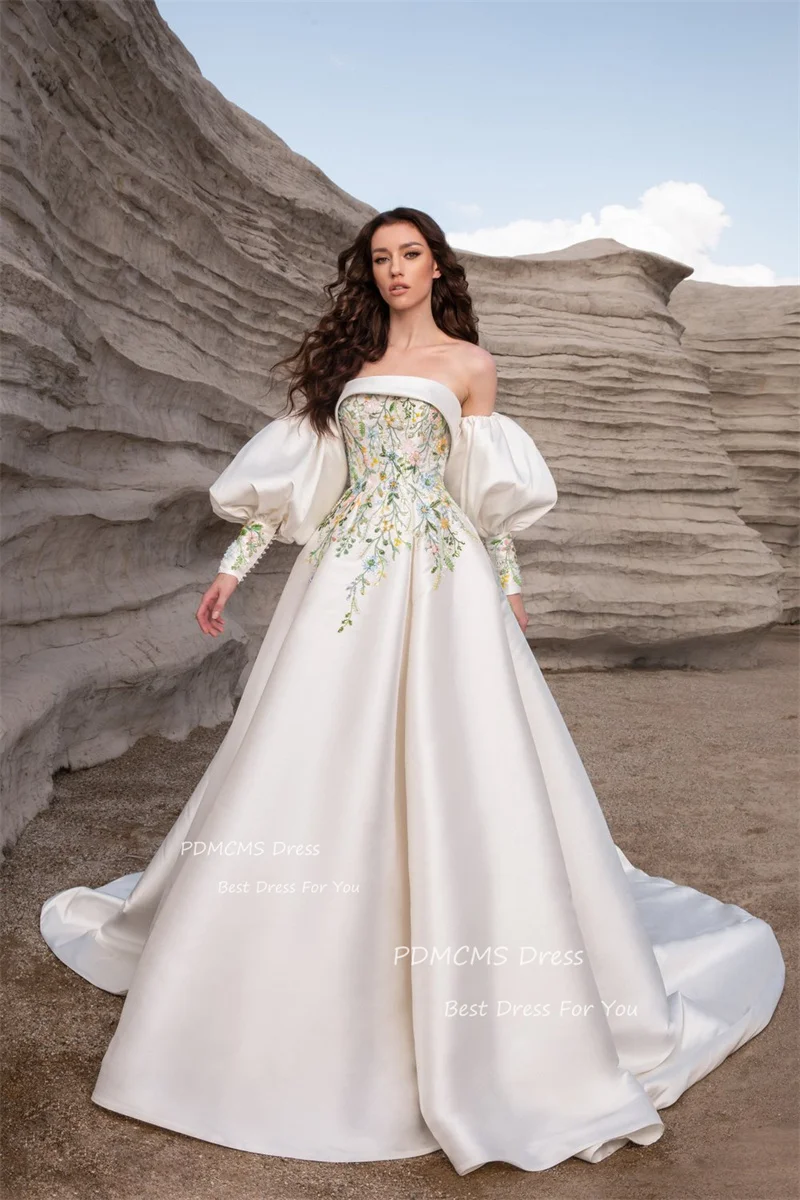 Elegant Satin Strapless A Line Wedding Dresses Vivid Princess Bridal Gowns Bride Customized Appliques Detachable Sleeves Women