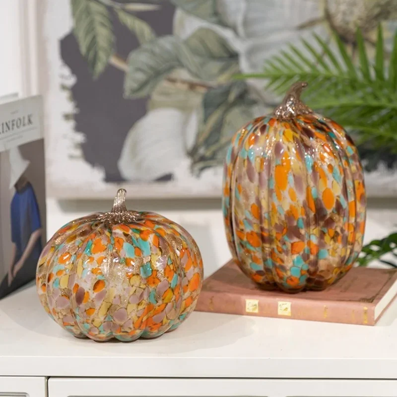 Glass Craft Artificial Pumpkin Sculpture Colored Transparent Glazed Pumpkin Craft Decorative Figurines Home Decoration