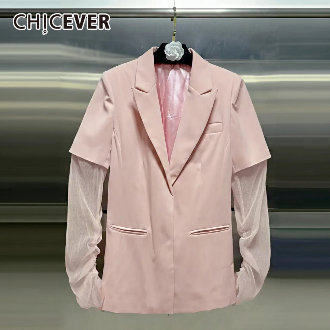 CHICEVER 핑크 스플라이스 메쉬 재킷 여성용 라펠 긴 소매 루즈한 젠틀 인텔렉추얼 여성 재킷 가을 패션 스타일 신상