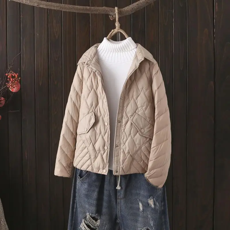 

Lightweight Du down Jaet Women's ort Sle irt Collar Diamond Pattern Korean Faion Autumn Winter New Arrival