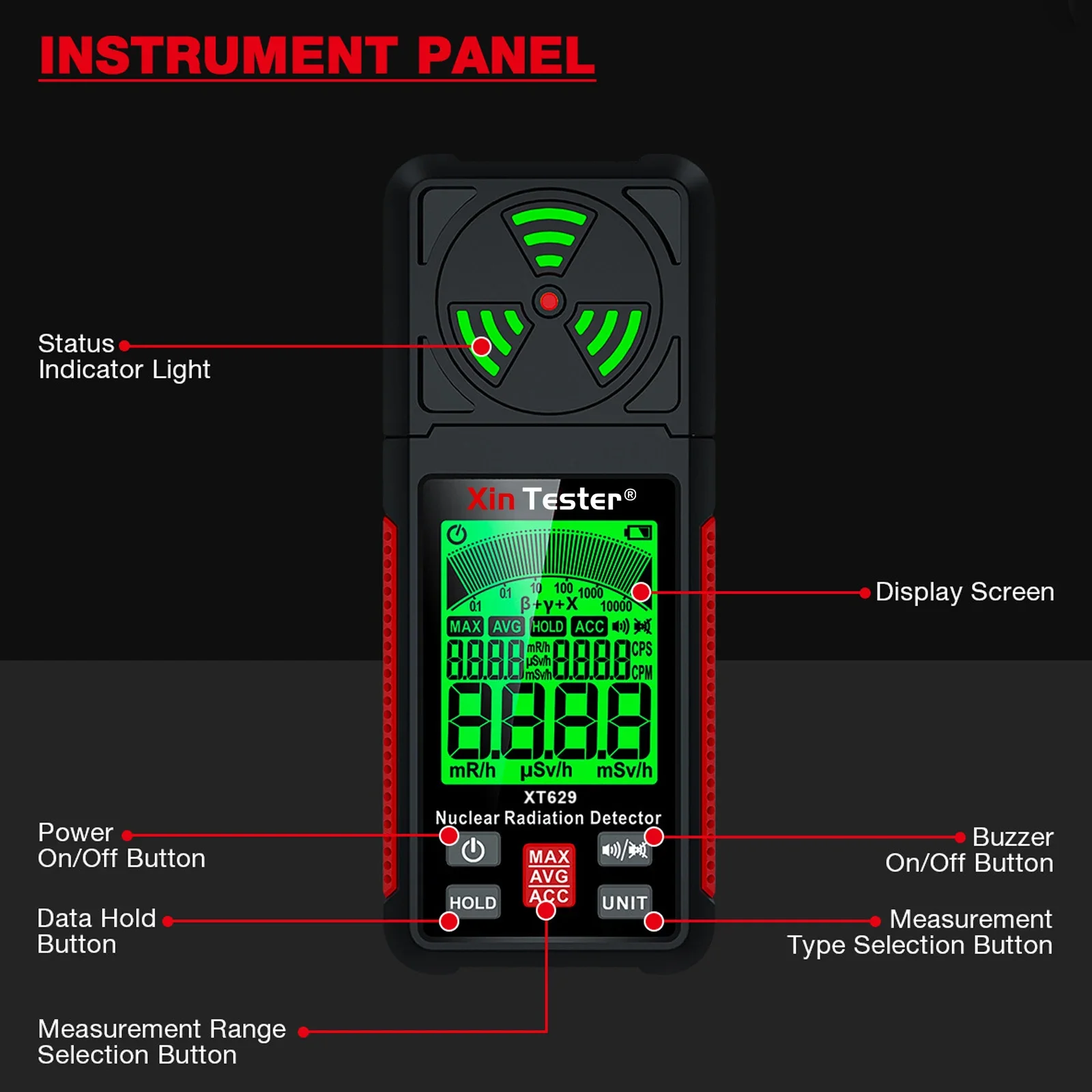 Xin Tester XT629 Detektor promieniowania jądrowego Licznik Geigera Detektor radioaktywności rentgenowskiej Beta Gamma do testera promieniowania