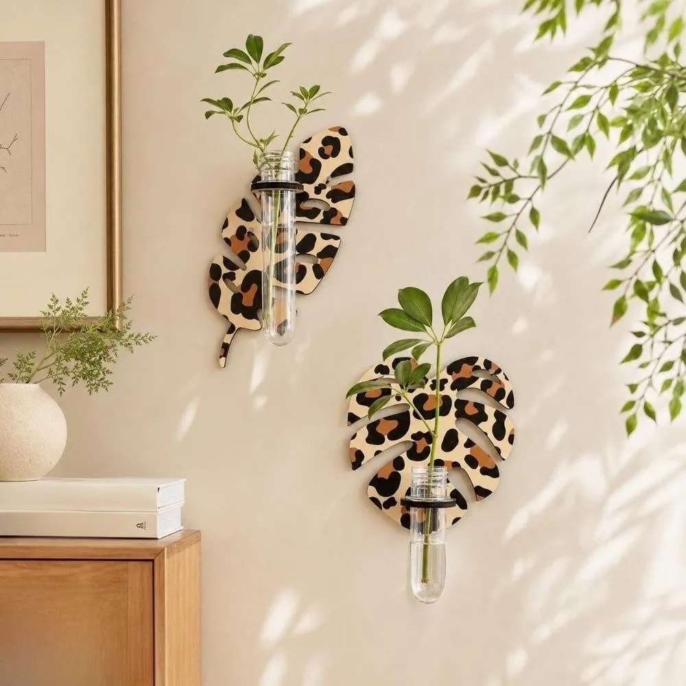 Wooden Hydroponic Planter Shelf Vase Leaf Shape Wall Mounted Planter Hollow Out Geometric Planter Holder Hydroponics