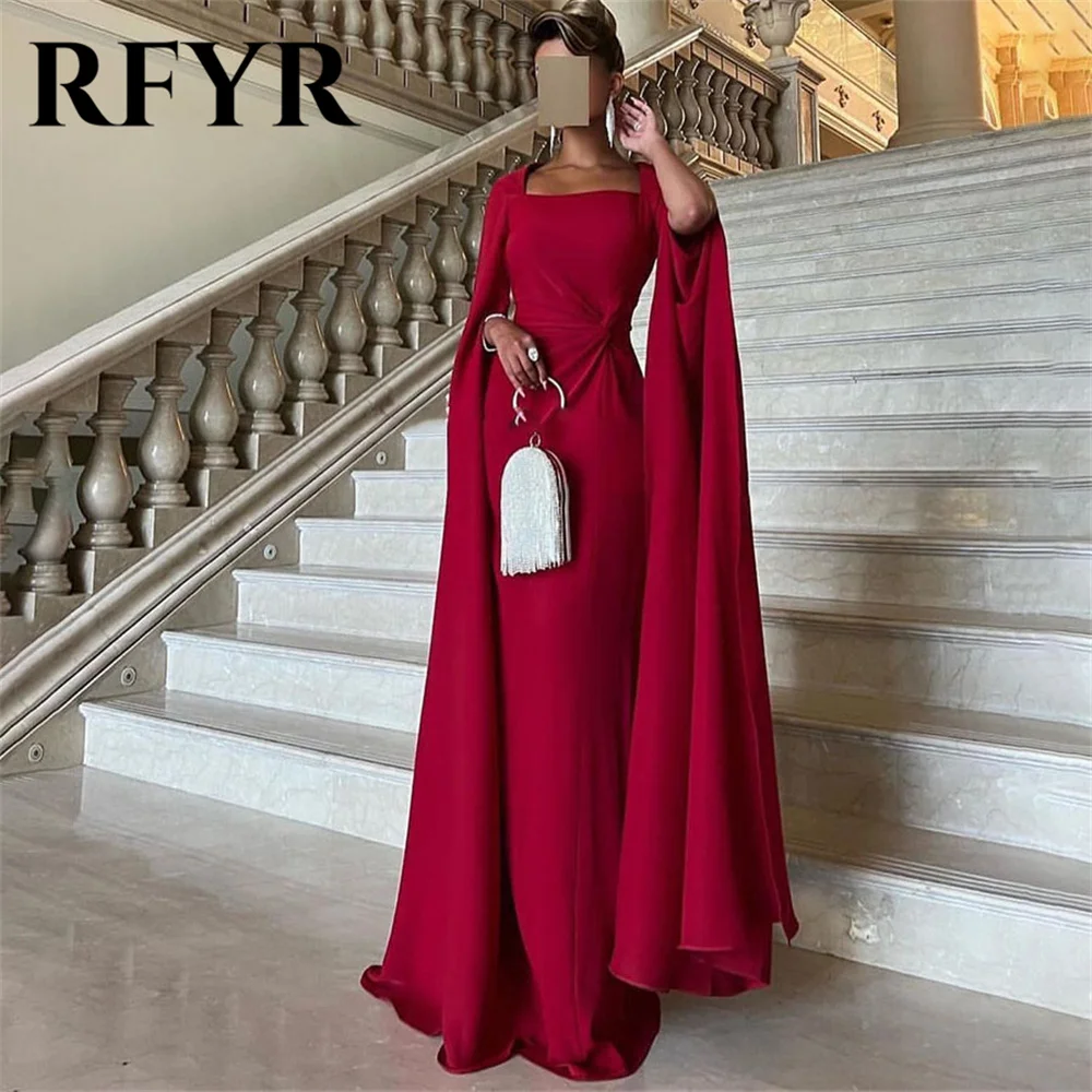 

RFYR Gorgeous Cape Sleeves Vestido De Novia Saudi Arabia Mermaid Prom Gown Squqre Neck Customized Evening Dresses فستان سهرة