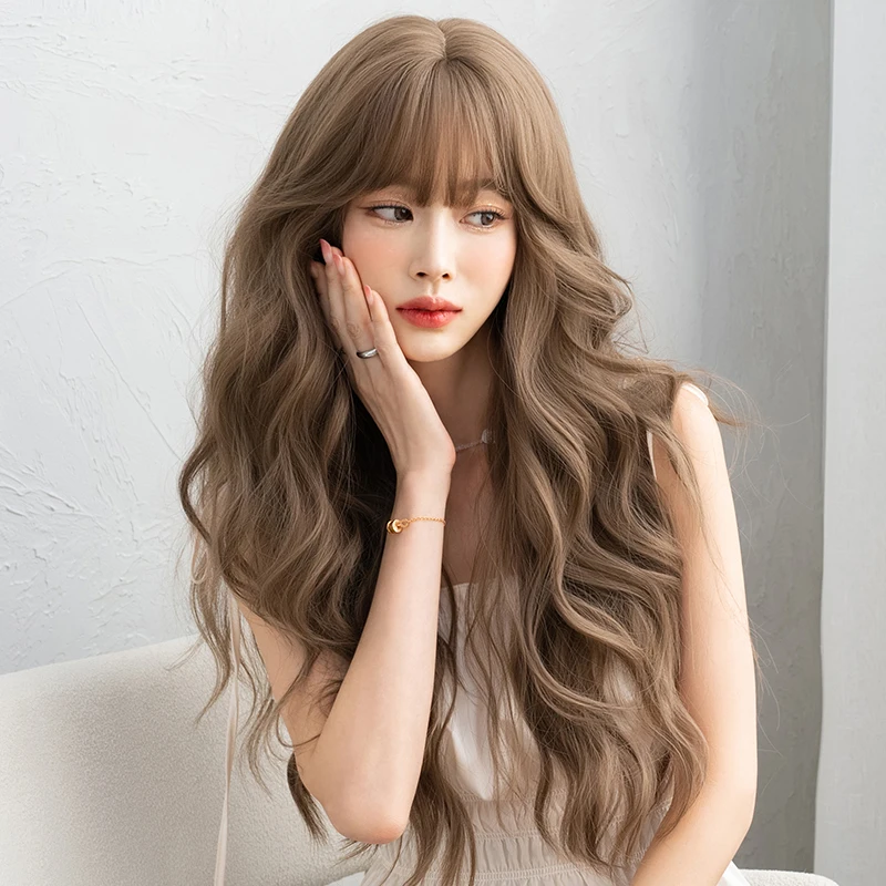 7JHH WIGS 여성용 바디 웨이브 허니 블론드 가발, 고밀도 레이어드 합성 다크 브라운 헤어 가발, 앞머리 포함, 사계절 패션 