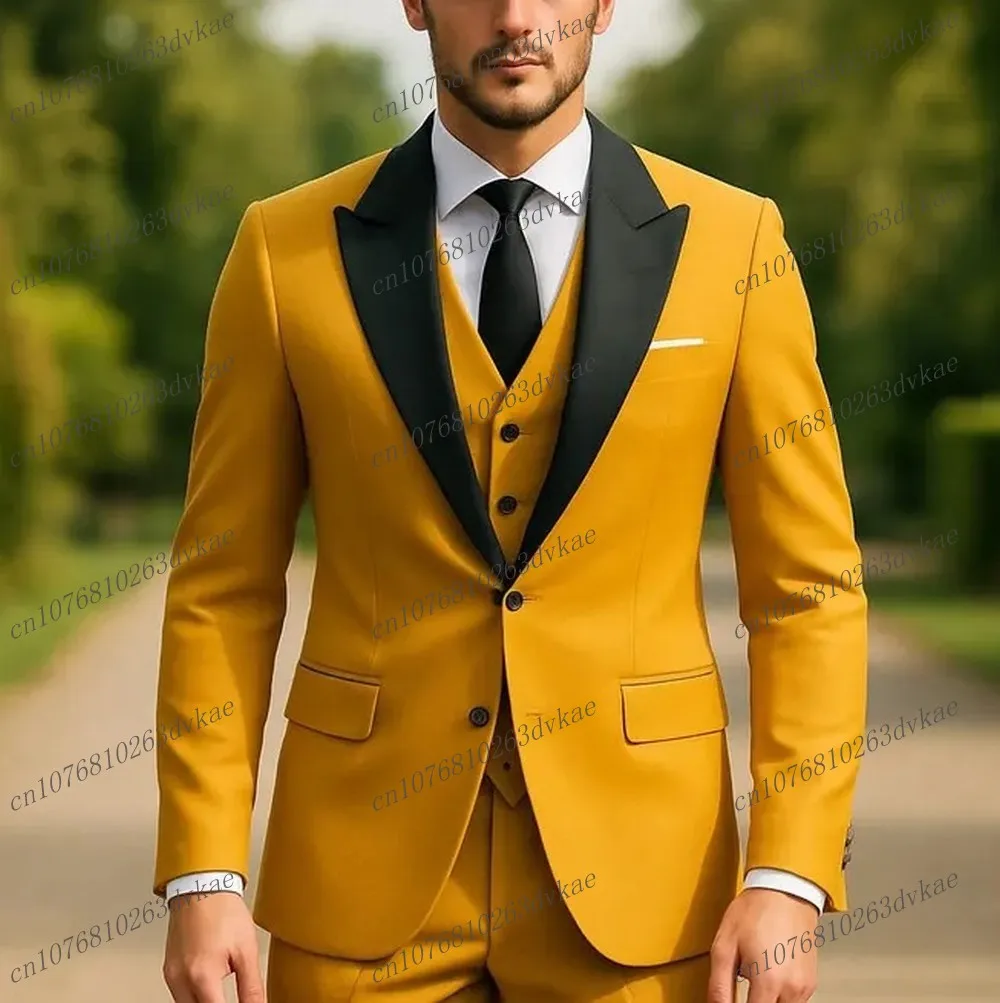 

Black Collar Yellow Men Suit Wedding Party Formal Groom Groomsman Prom Business Male Tuxedos 3 Piece Set Jacket Vest Pants
