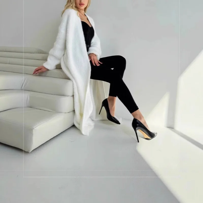 

Mid-Long Cardigans Knitted Womens Winter Christmas Patchworked Casual Chunky Thickening Embellished Harajuku Pearl Streetwear BF