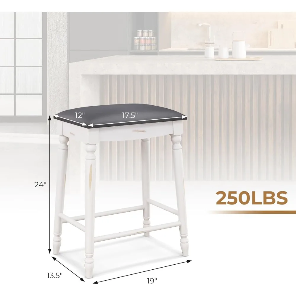 مجموعة مقاعد بار منجدة مكونة من 2، مقاعد طعام بارتفاع عداد بدون ظهر مقاس 24 بوصة مع نحت خشبي رقيق، مسند للقدمين، سول #3