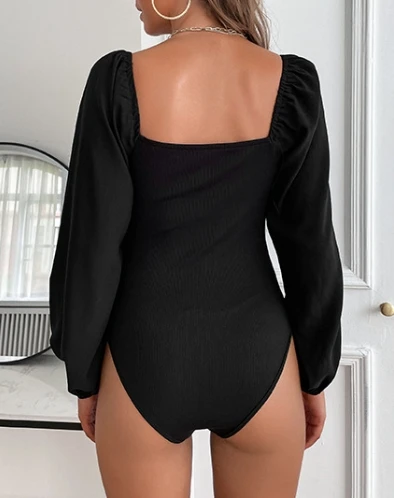 Sexy Women's Bodysuit Twisted V Neck Puff Long Sleeve Tops Female Clothing Solid Color Black Sexy Slim Playsuit Summer Clothes