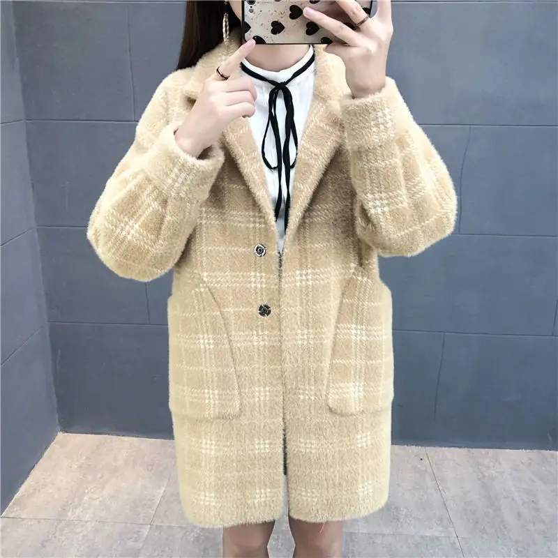 

Elegant Faux Mink Coats for Women Spring Autumn Fashion Plaid Button Up Mid Long Coats Woman Turn Down Collar Outwear Ladies