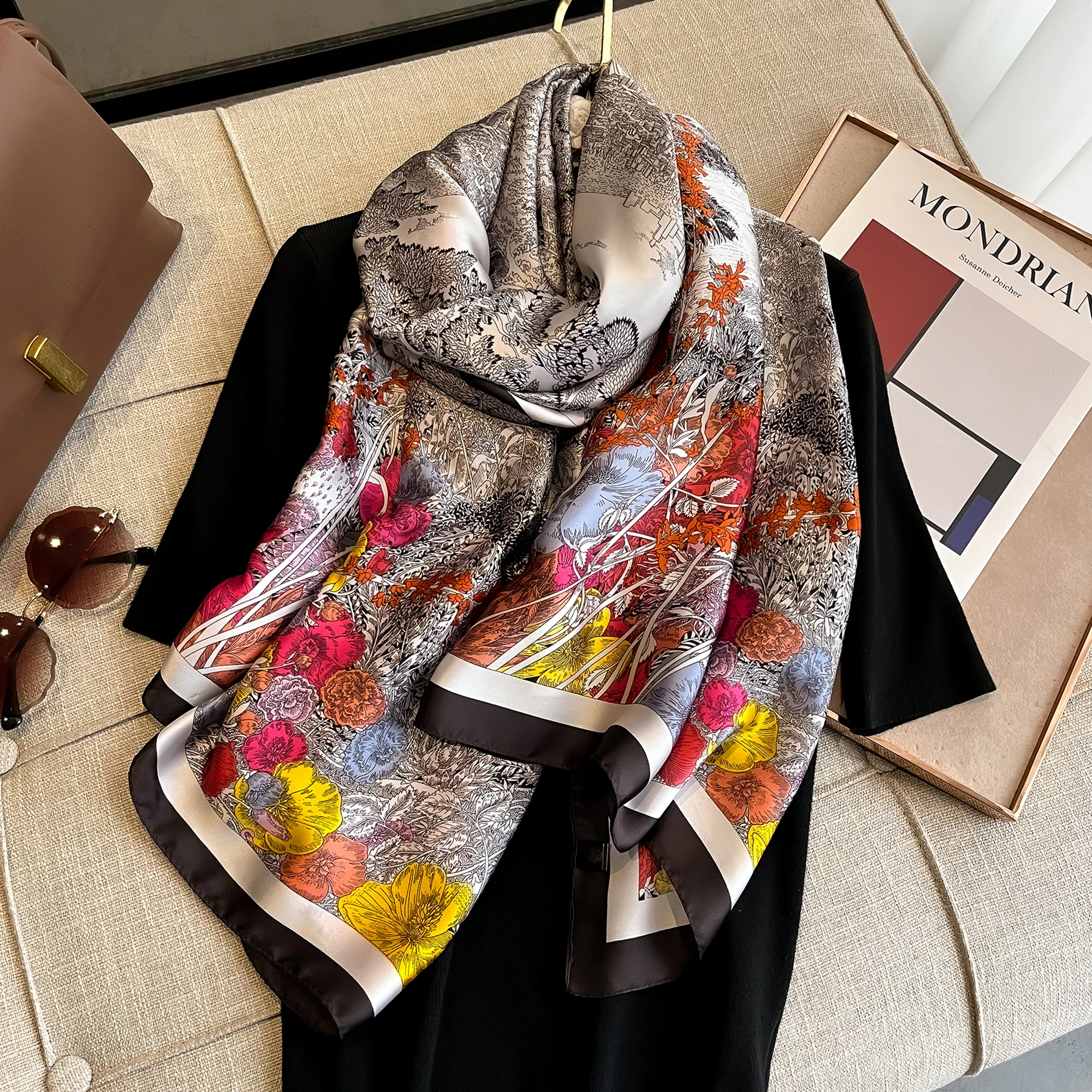 New 180*90cm Luxury Silk Scarf Women Foulard Office lady Large Fashion Print Beach Hijab shawl warp bandanna muffler pareo