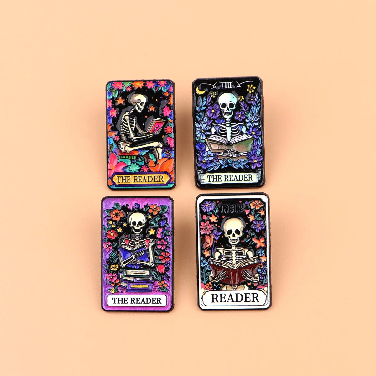 The Reader Tarot Enamel Pins Skeleton Reading Book Brooches Cute Lapel Pins for Backpacks Book Lovers Gift Punk Jewelry