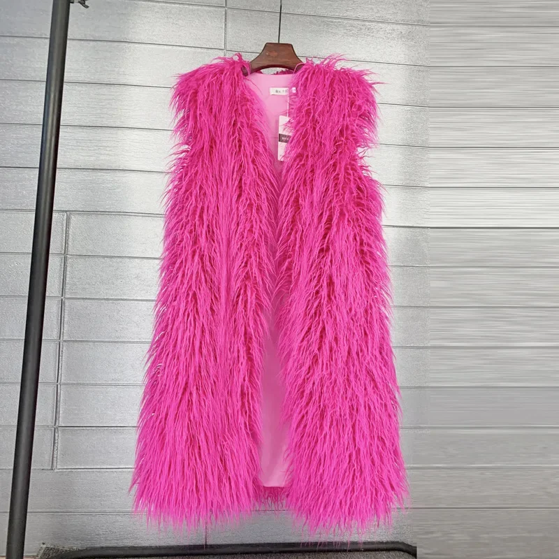 Faux Mongolia Sheep Fur Women Long Vest Colorful Warm Faux Fur Big Size Plush Coats Female Jacket Autumn Winter Furry Outerwear