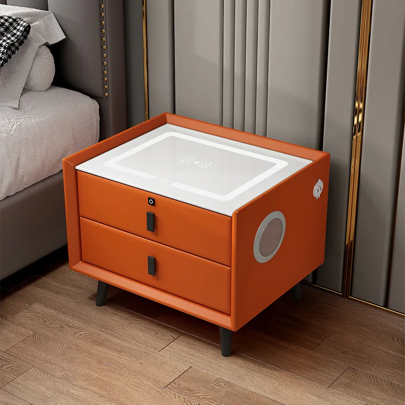 

Smart Wooden Bedside Table with White Glass Wireless Charging, Faux Leather Bedroom End Table, 2 Drawers Side Storage Cabinet