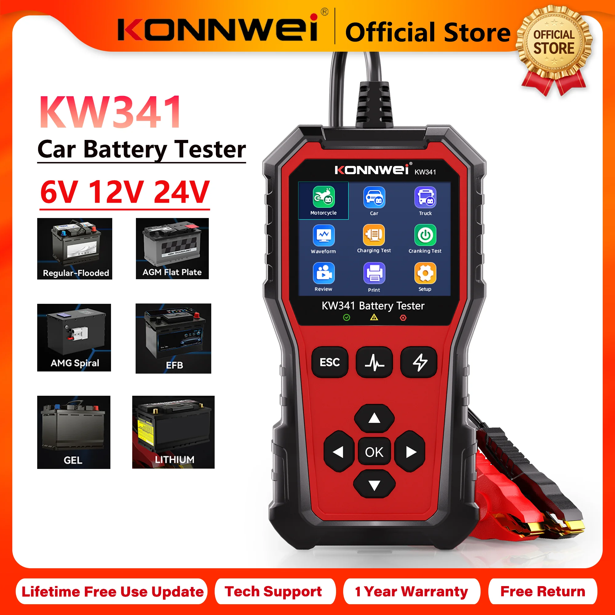 2026 KONNWEI KW341 6V/12V/24V Battery Testing For Car/Moto/Trucks Waveform Startup Voltage Charging Diagnosis Fault Data Print