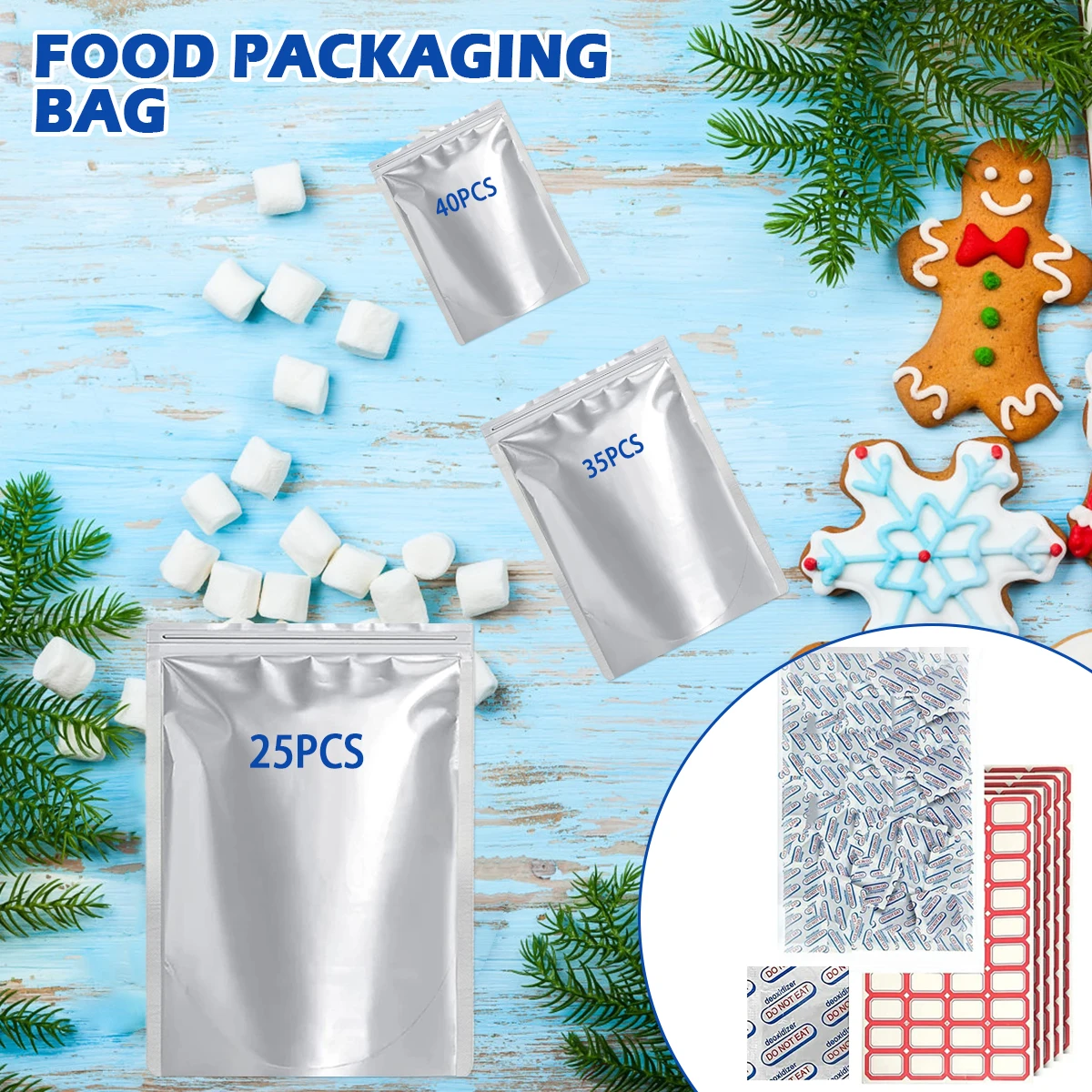 

100 Pack Mylar Bags for Food Storage with 100Pcs Oxygen Absorbers 500CC and 120Pcs Sticker Labels Stand Up Resealable Mylar Bags