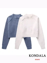 KONDALA Vintage Casual Women Sweater Solid O-Neck Long Raglan Sleeve Loose Short Sweater Fashion 2023 Autumn Winter Warm Tops