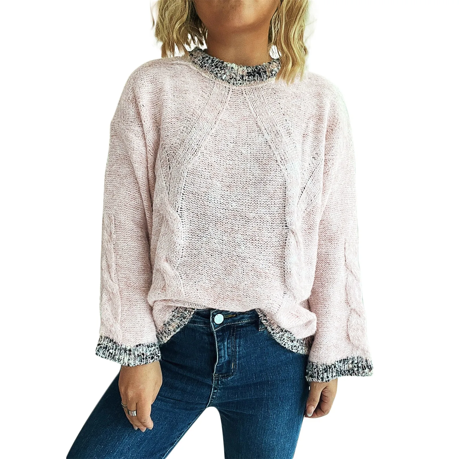 Women'S Spliced Round Neck Knitted Top Casual Commuting Loose Sweater Ropa De Mujer Sweater De Mujer Pull Femme свитера женские