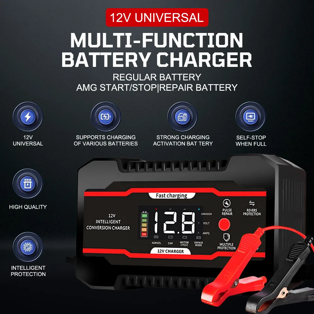 

Household Storage Battery Chargers 6A 12V For AGM GEL Lead Acid Batteries Charging Car Charger Digital Intelligent Pulse Repair