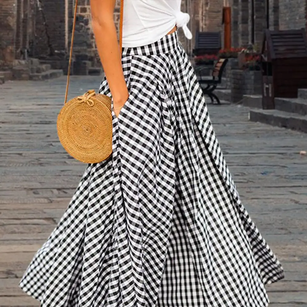 2020 Women\'s Skirts Vintage Plaid Check Long Skirt Zipper Pleated Bohemian Femme Casual Pockets Maxi Skirts