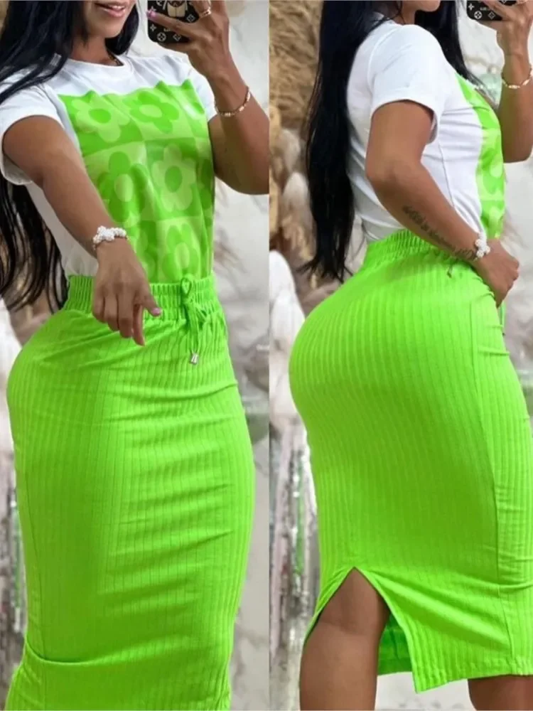 

Sexy Package Hip Skirt Sets Fashion Women Two Piece Set Floral Print T Shirt Tops & Drawstring Skirt Suits Summer Casual Outfits