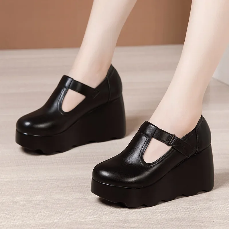 8cm Small Size 32-43 Thick Bottom Shallow Platform Wedges Shoes T Strap Pumps 2024 Fall High Heels Shoes Women Office Mom Dance