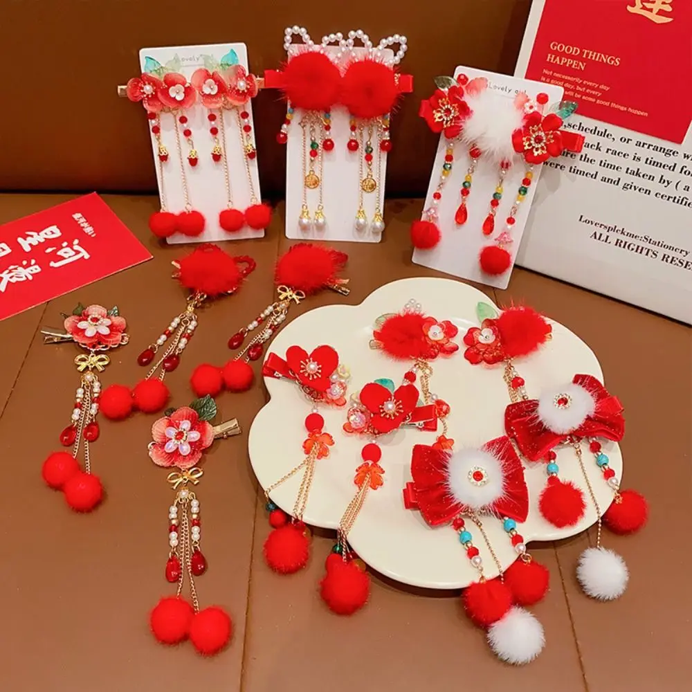 Chinese New Year Children Red Hairpin Girl Tang Suit Red Flower Tassel Hair Clip Headwear Hanfu Headdress Hair Accessories