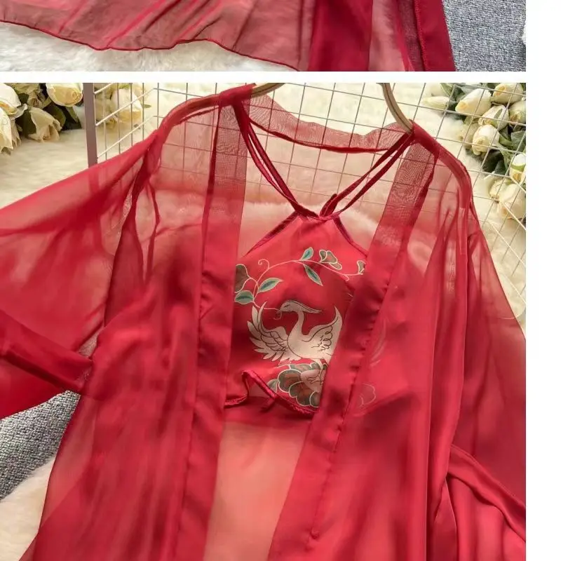 Hot Women\'s Vintage Sexy Embroidered Halter Wide Sleeves Top with Sheer Chiffon Robe and Lingerie Sexy And Elegant 3 Piece Set