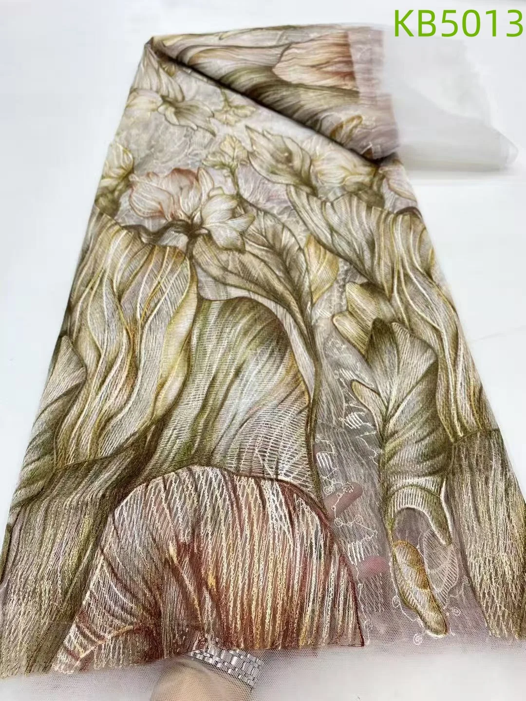 قماش دانتيل أفريقي 5 ياردات جودة عالية 2025 شبكة نيجيرية فرنسية مع ترتر أقمشة دانتيل مطرزة خضراء للخياطة KB5013 #3