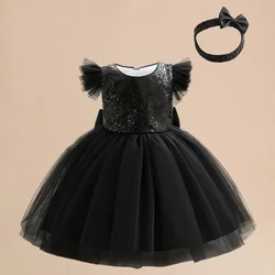 Fluffy Christmas Girls Princess Black Dress Sequins Halloween Baby Kids Evening Party Prom Gown Tulle Summer Children Dresses