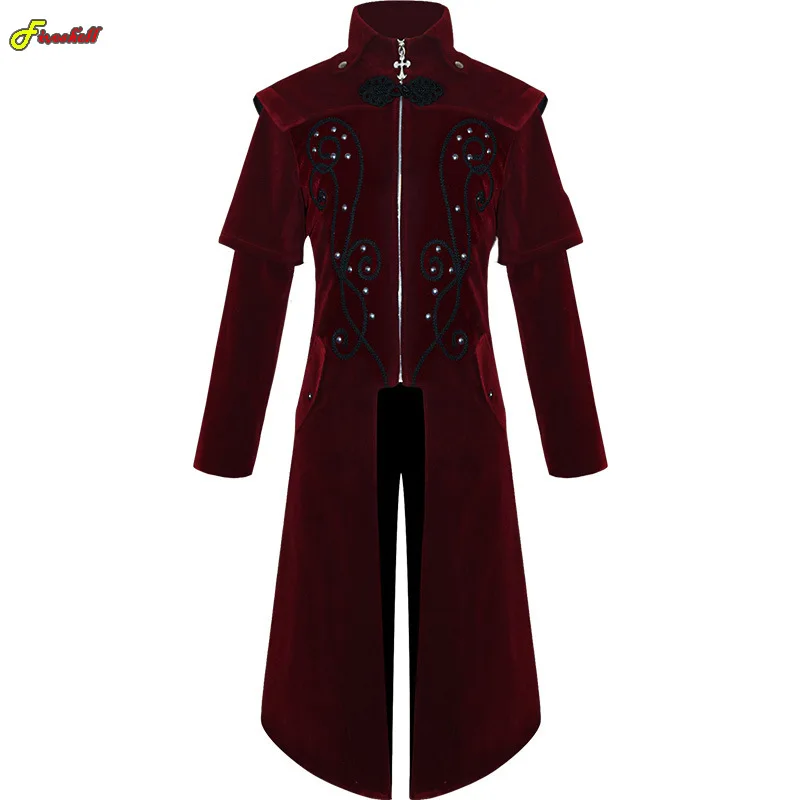 Uomo gotico medievale Steampunk castello vampiro diavolo cappotto rosso Costume Cosplay vittoriano lusso smoking Suit Trench giacche