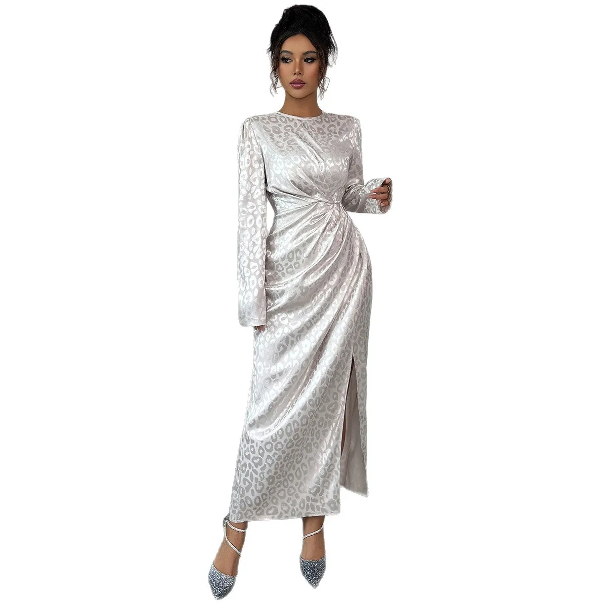 Vestido Longo E de Manga Longa F, Versátil e Moderno, Estilo Qipao de Cintura Alta, Vestido sso para Outono/...